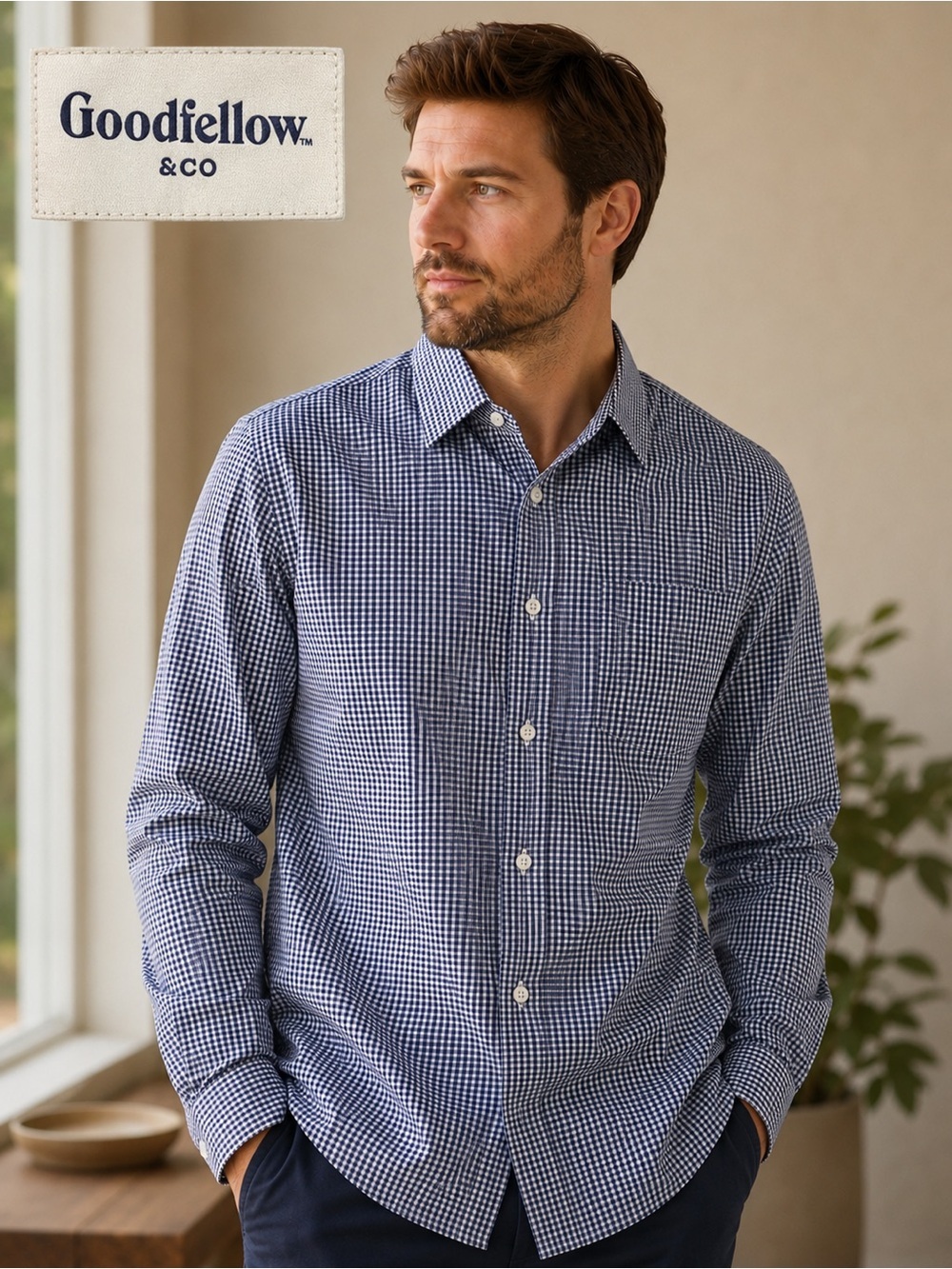 Goodfellow & Co Slim Fit Gingham Button-Up Dress Shirt Men's XL Blue & White